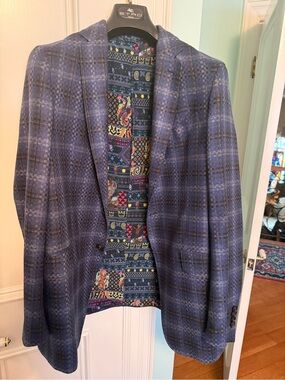 Etro Blue Plaid Sport Coat with Colorful Paisley Lining